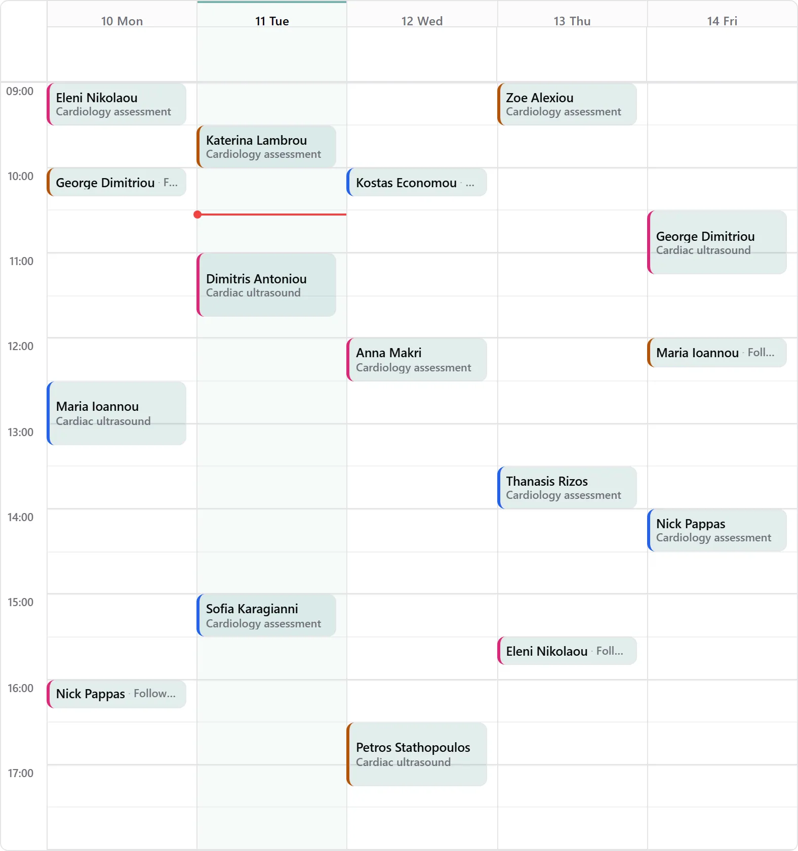 Week calendar in the admin dashboard with three practitioners' appointments in distinct colours